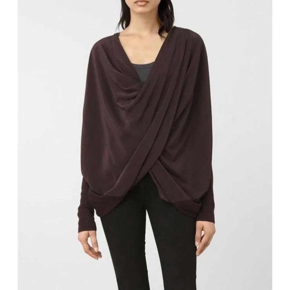 All Saints XS Silk Itat Shrug Sweater Draped Blouse Bordeaux Plum Cardigan NWT